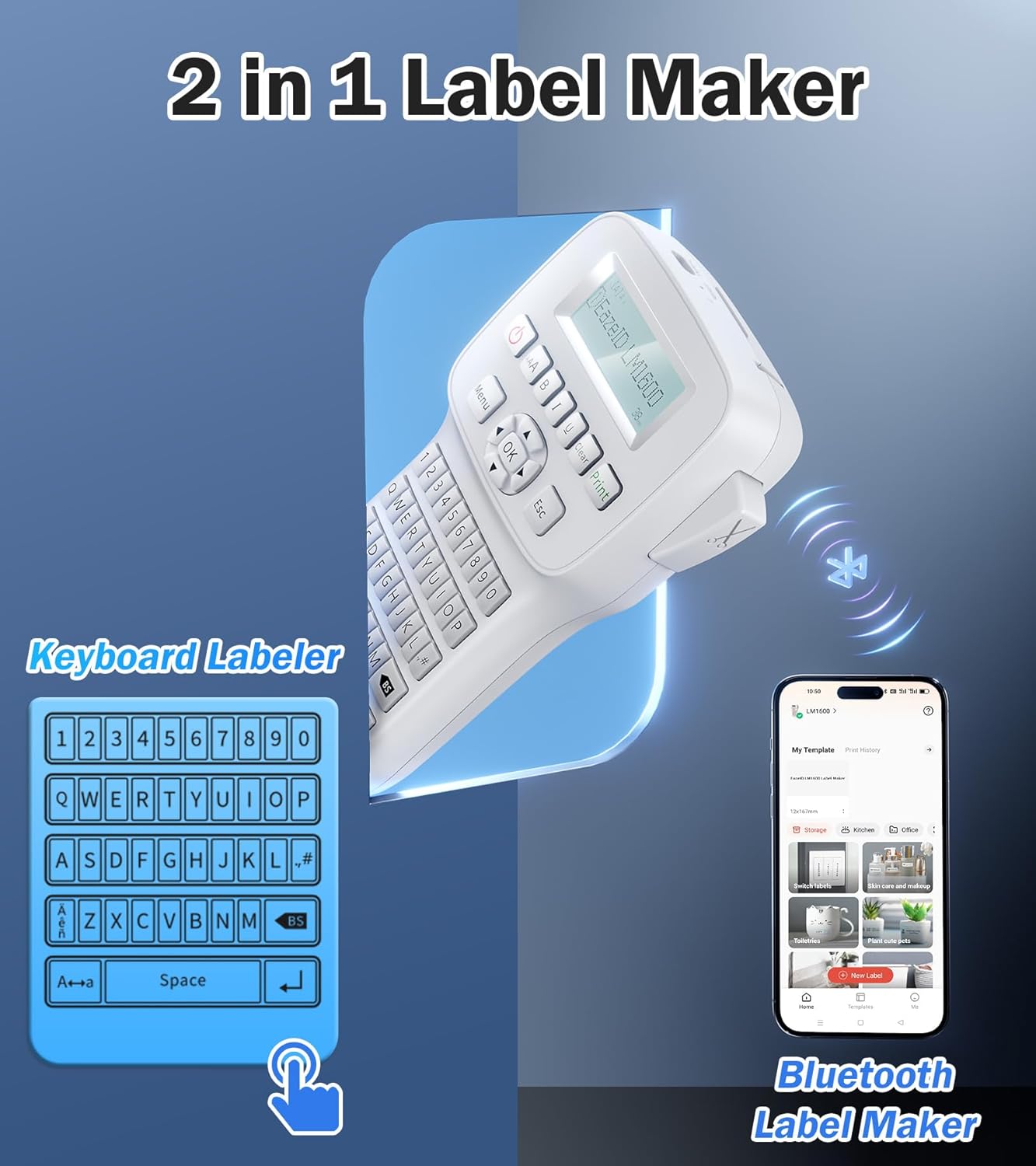 Portable Label Maker Machine with Tapes LM1600, Label Maker with QWERTY Keyboard, Rechargeable Handheld Labeler with Backlighting LCD Screen for Office School Use