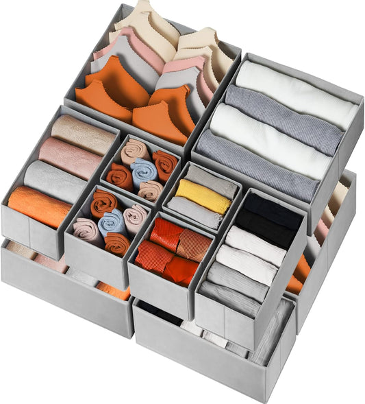 Criusia Drawer Organizer for Clothing, 12 Pack Sock Underwear Drawer Organizer Bins, Foldable Fabric Closet Organizers and Storage, Dresser Drawer Dividers for Baby Clothes, Bra, Scarves, Belt, Tie