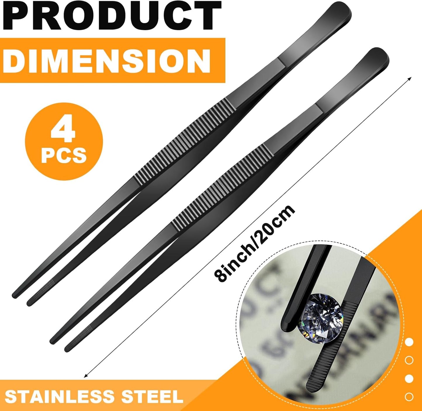 Yaomiao 4 Packs 8 Inch Bar Tweezers Black Long Garnish Tongs Stainless Steel Kitchen Cooking Tongs Tweezers for Food Cocktail Korean BBQ Bartender Chef, Multi-use
