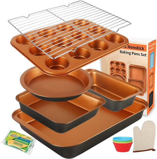 Baking Pans Set 6-Pieces, Non Stick Bakeware Set Stackable, with Cookie Sheet, Muffin, Round/Square Cake Pan, Loaf Pan, Rack, Oven Mitt for Home Baker, Gold