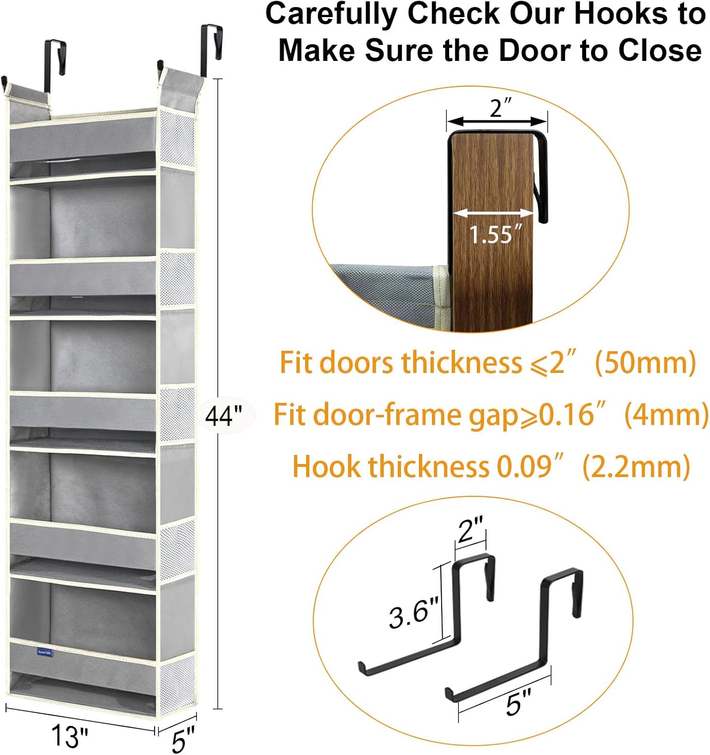 Over The Door Organizer 5-Shelves and 10 Side Pockets, Over The Door Storage for Bathroom Bedroom Nursery, Hanging Door Organizer for Baby Diapers and Kids Toys (13"x5"x44", Grey)