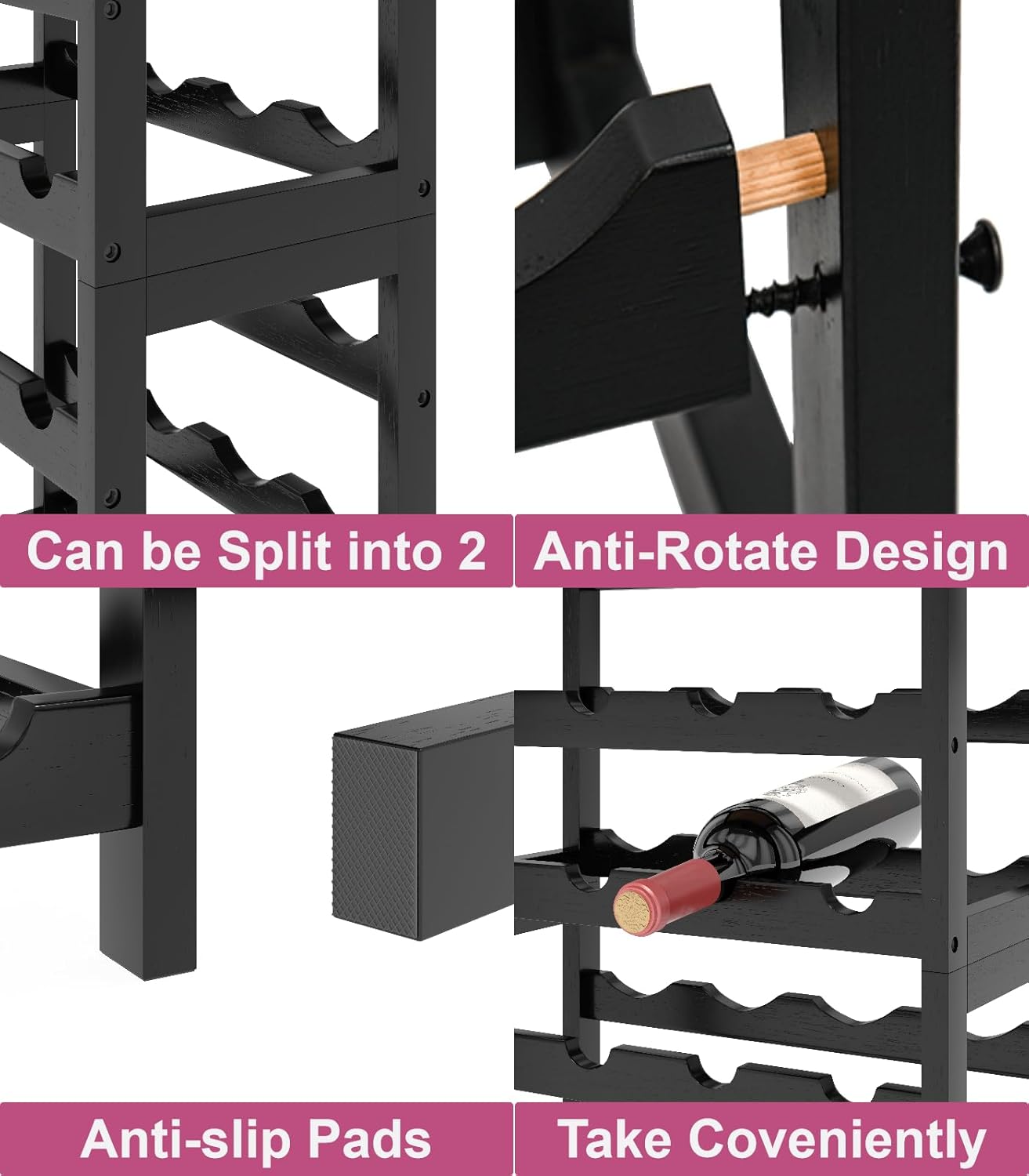 6 Tier Bamboo Wine Rack Freestanding Floor, 24 Bottles Wine Storage Shelves with Table Top, Stackable Wine Display Rack for Kitchen, Bar, Dining Room, Rustic Brown and Black