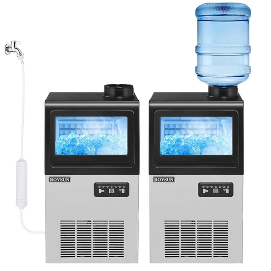 ROVSUN 90LBS/24H Ice Maker Machine with 2 Water Inlets, Freestanding & Countertop Ice Machine with 11lbs Storage Bin, Ice Scoop & Water Filter for Home Office Light Commercial Restaurant Bar Cafe Use
