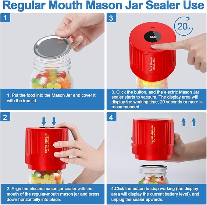 Electric Mason Jar Vacuum Sealer Kit for Wide Mouth and Regular Mouth Mason Jar - Red