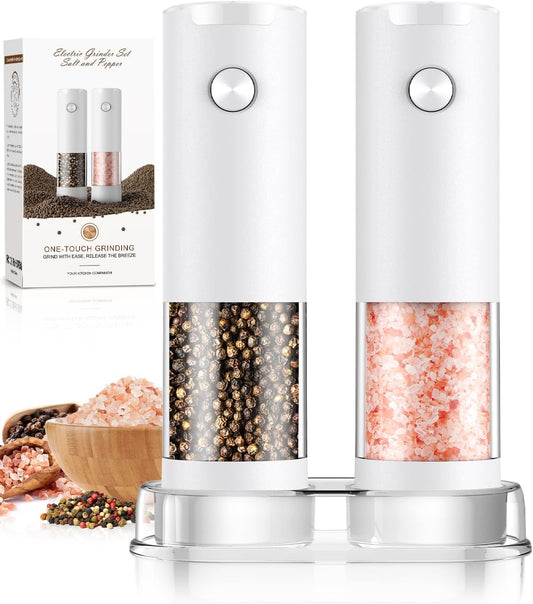 Electric Salt and Pepper Grinder Set Automatic Battery Pepper Mill Shakers Adjustable Coarseness Easy Filling Upgraded Larger Capacity with Led (2 Pack White/White）