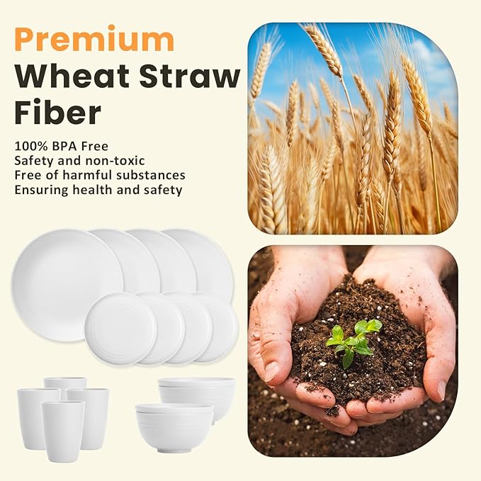 Homienly Wheat Straw Dinnerware Sets - 16 PCS Unbreakable Dinner Plates,Dessert Plates,Cereal Bowls,Drinking Cups,Dishes Sets for 4，Reusable Dishwasher & Microwave Safe for Kitchen - White