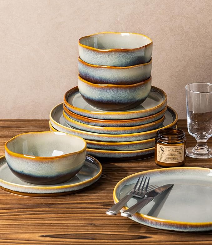 TheTerra Ceramic Dinnerware Sets for 6, 18 Pieces Handmade Reactive Glaze Plates and Bowls Sets, Scratch Resistant Dish Set, Oven & Microwave & Dishwasher Safe, Brown Blue