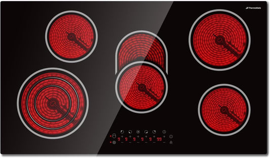 ThermoMate 36 Inch Electric Cooktop 5 Burners, 36" Built in Radiant Electric Stove Top, 8500W Ceramic Cooktop with Touch Control, 9 Heating Level, Chlid Lock & Timer, 220-240V Hard Wire ETL Listed