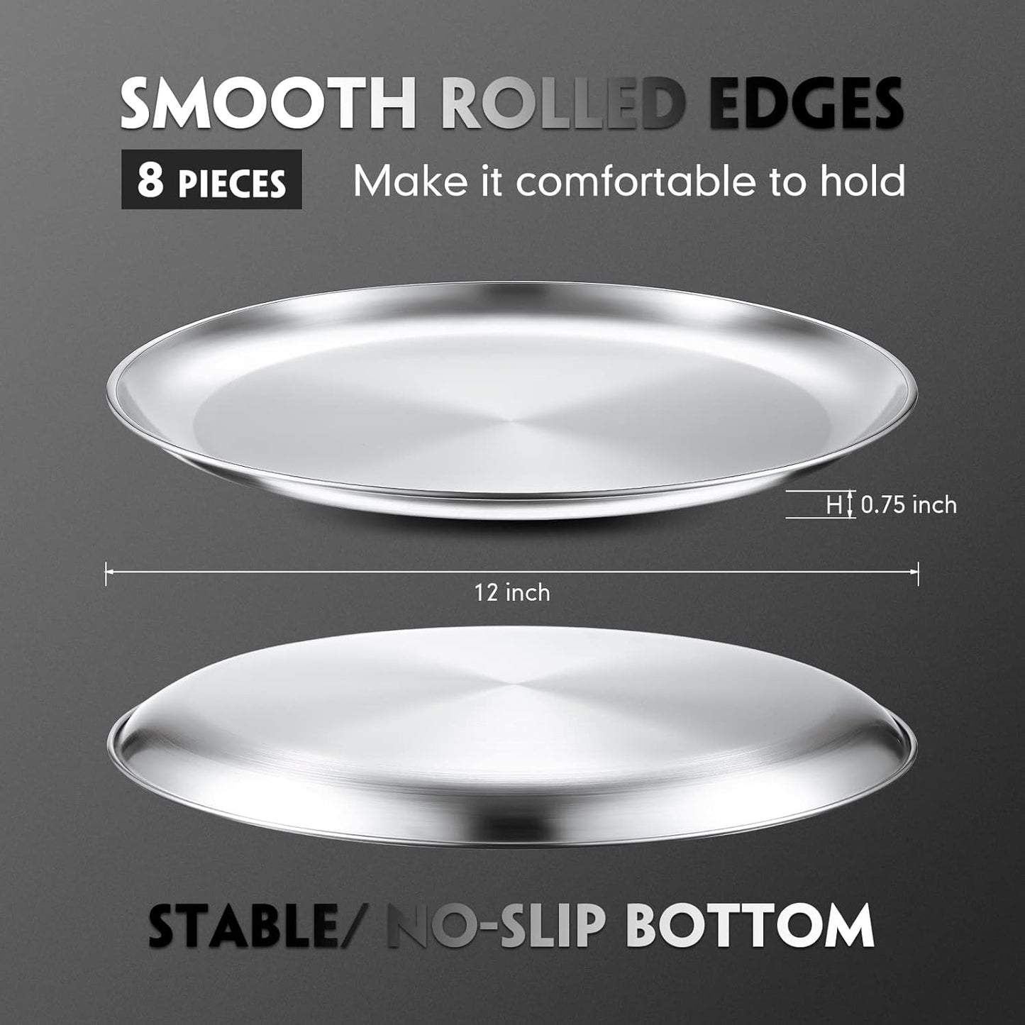 Thenshop 8 Pieces 12 Inch Pizza Pans Bulk Stainless Steel Sets Round Bakeware Pizza Trays for Oven Kitchen Baking Home Restaurant Picnics Holiday Activities Safe Sturdy Reusable Easy Clean(Silver)