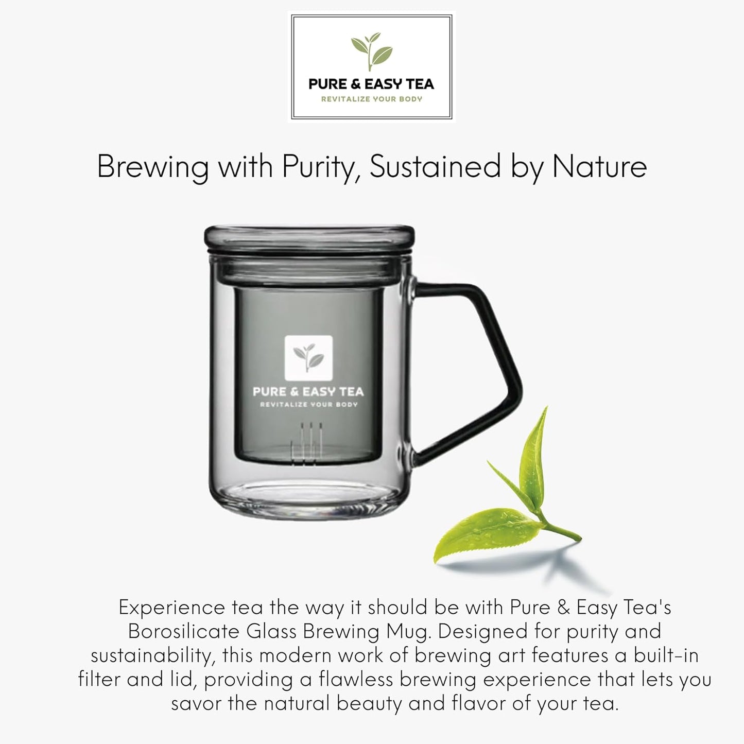 Glass Tea Infuser Mug with Lid - Modern Borosilicate Filter Steeping Cup, Plastic-Free, Purest Brew for Loose Leaf Lovers, 400 mL/13.5 oz