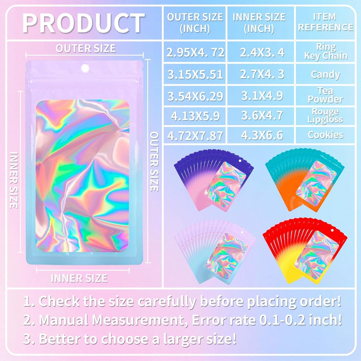 200 Pack Resealable Mylar Holographic Bags Food Storage Smell Proof Bags with Front Window Foil Packaging Pouch for Candy Sample Jewelry Small Business 4.13×5.91 Inch, Red Fade Yellow