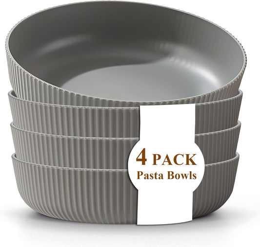 Kyraton Pasta Bowls Set of 4, 37oz Salad Bowls Soup Bowls Large Pasta Serving Bowl Plastic Unbreakable Serving Dishes Dinner Bowls (Grey)