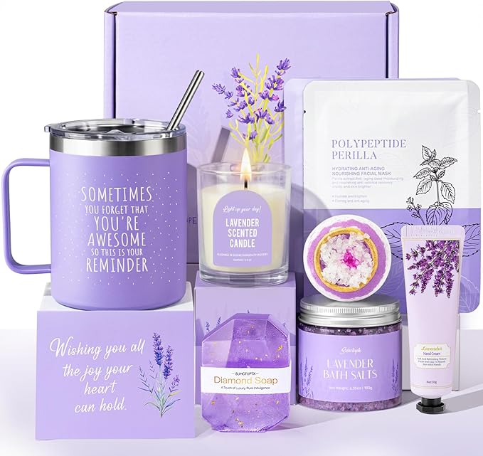 Spa Gifts for Women, 9pcs Happy Birthday Gifts for Women, Unique Birthday Relaxation Mothers Day Gift Christmas Ideas Relaxing Lavender Set Self Care Gift Basket for Her Mom Sister Friend Teacher