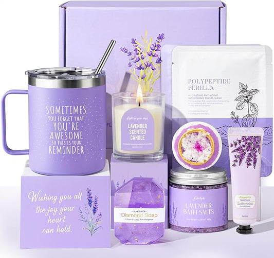 Spa Gifts for Women, 9pcs Happy Birthday Gifts for Women, Unique Birthday Relaxation Mothers Day Gift Christmas Ideas Relaxing Lavender Set Self Care Gift Basket for Her Mom Sister Friend Teacher