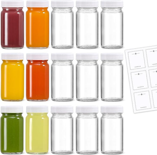 LANDNEOO 15 Pack 2 oz Glass Shot Bottles w/White Lids & 15 Labels - Small Clear Jar for Ginger, Wellness Shot, Juice, Sample, Whiskey - Travel Mini Bottles - Wide Mouth, Leakproof, Dishwasher Safe