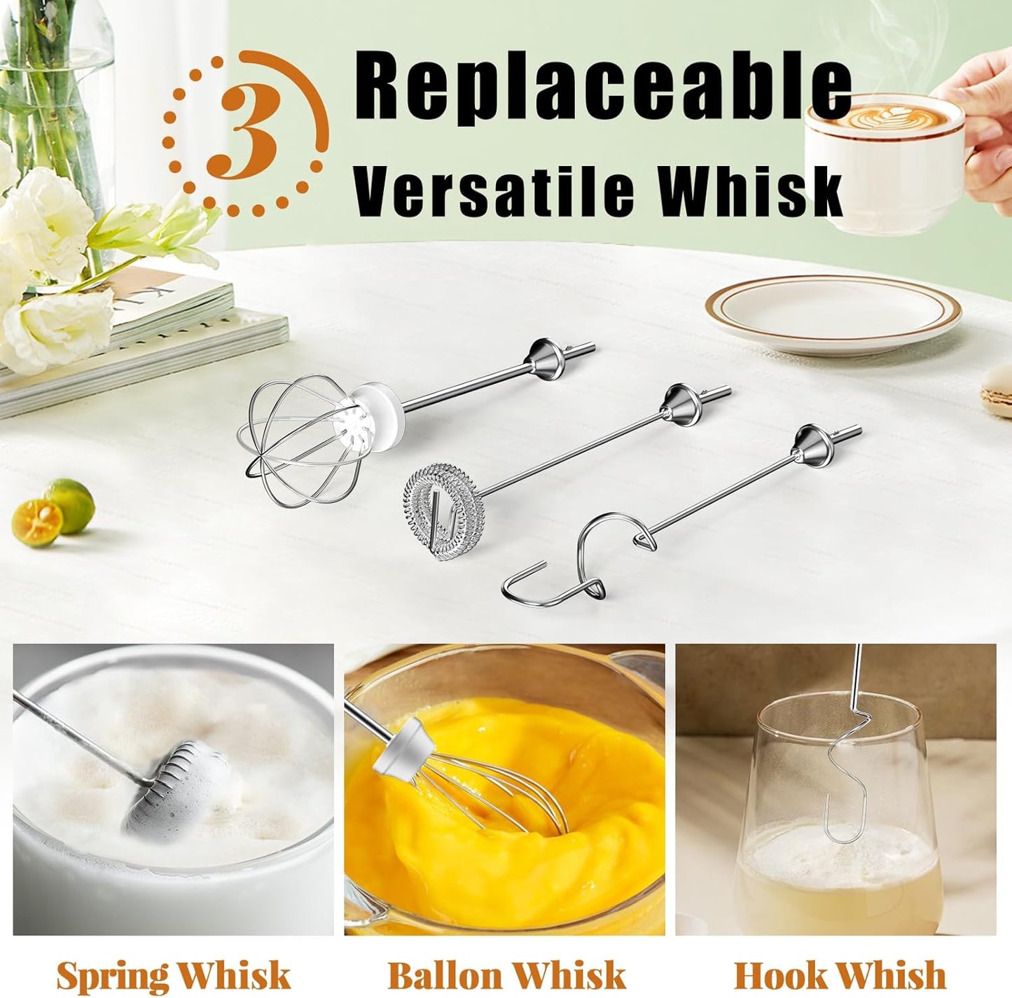 Nahida Green Milk Frother Wand for Coffee, Frother Handheld Rechargeable Electric Whisk with 3 Heads 3 Speeds Drink Mixer Coffee Frother Foam Maker For Latte, Cappuccino, Hot Chocolate, Egg
