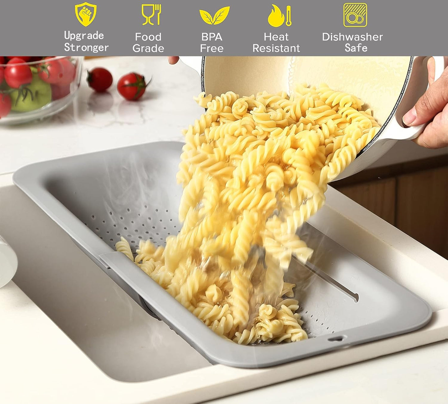 Adjustable Over the Sink Colander Strainer, Silicone Clip On Strainer for Pots Strainers and Plastic Colanders Drainer Basket for Food Pasta Vegetables Kitchen, Extendable 14.5"-19.5", Green