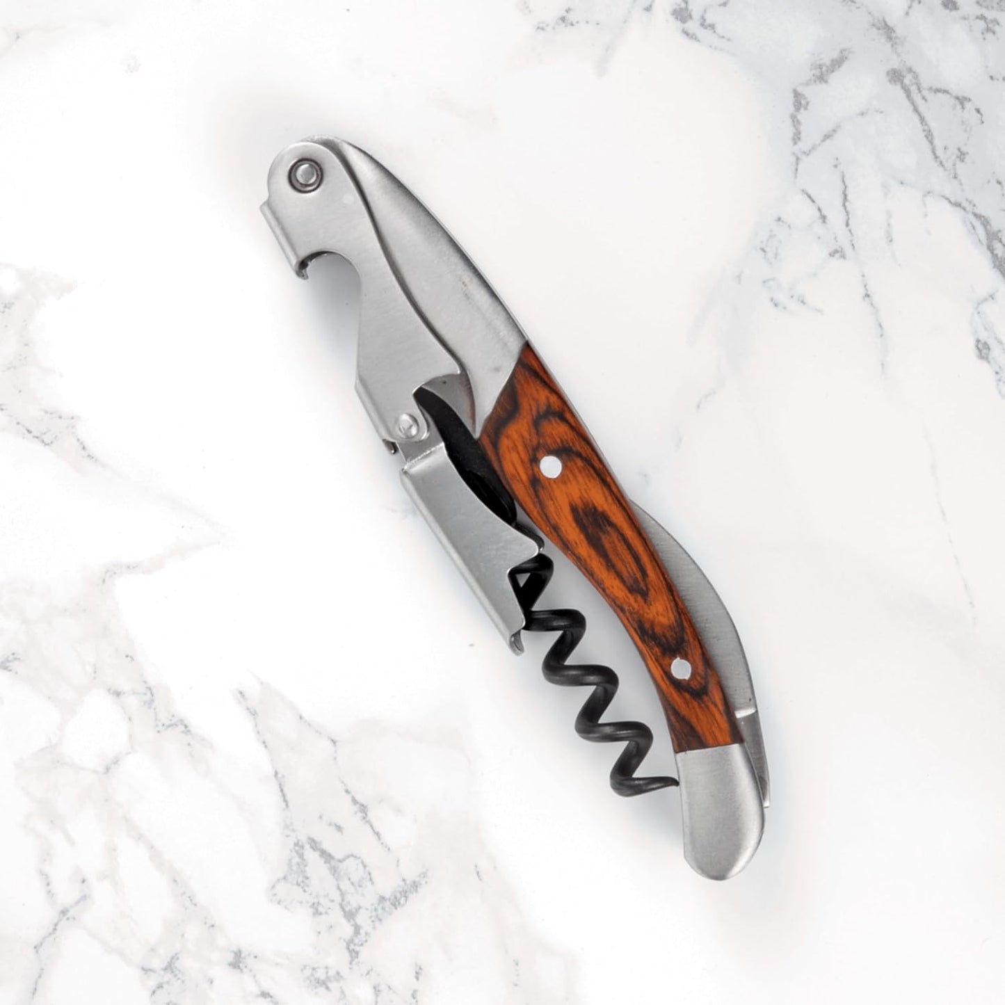 Twine Wood Handle Double HInged Corkscrew, Stainless Steel Wine Key with Foil Cutter