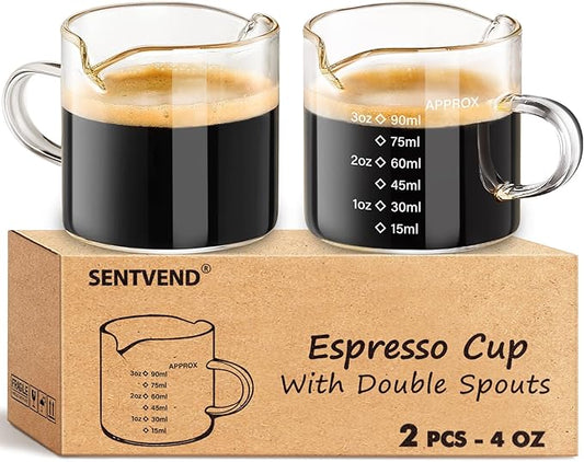 Espresso Cups Set of 2, 4 Oz Espresso Shot Glass with Handle Double Spout Measuring Cups with Scale Clear Glass Milk Cup Coffee Accessories Great for Making Coffee Desserts Salad Dressing