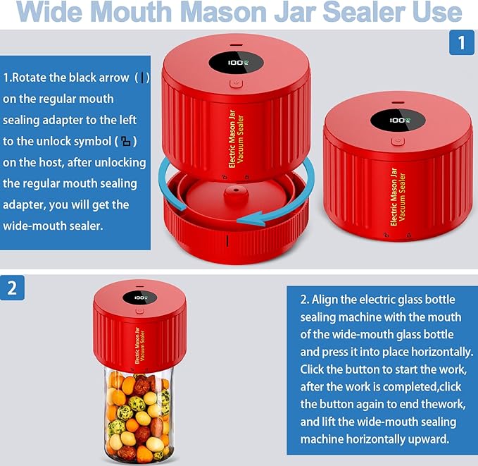 Electric Mason Jar Vacuum Sealer Kit for Wide Mouth and Regular Mouth Mason Jar - Red