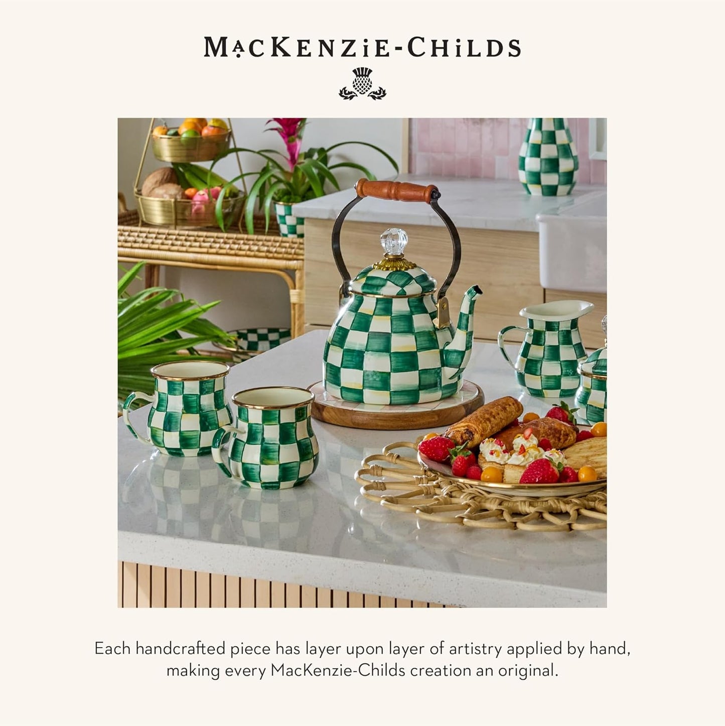 MACKENZIE-CHILDS Enamel Everyday Bowl, Serving Bowl for Entertaining, Extra Large, Green-and-White Emerald Check