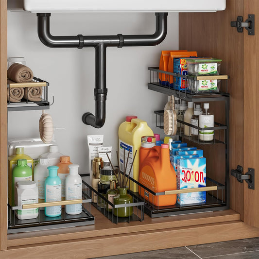 Under Sink Organizer and Storage for Bathroom and Kitchen - 2 Pack Pull Out Under Cabinet Shelf Organizers - 2 3 Tier Sliding Out Drawer Organization for Home Cabinets Shelves and Drawers