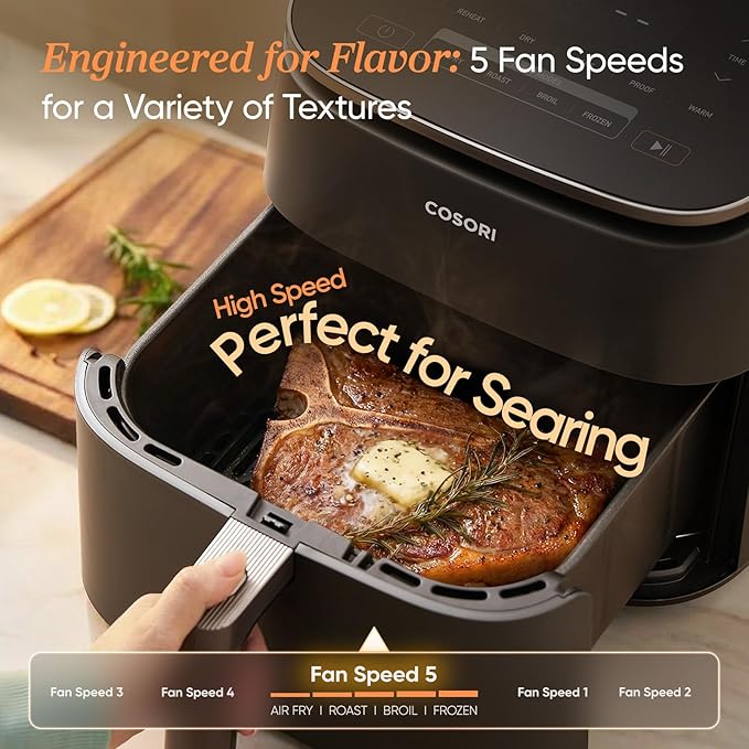 Cosori 9-in-1 TurboBlaze Air Fryer 6 Qt, Premium Ceramic Coating, 90°–450°F, Precise Heating for Even Results, Air Fry, Roast, Bake, Broil, Dry, Frozen, Proof, Reheat, Keep Warm, 120V, Dark Gray