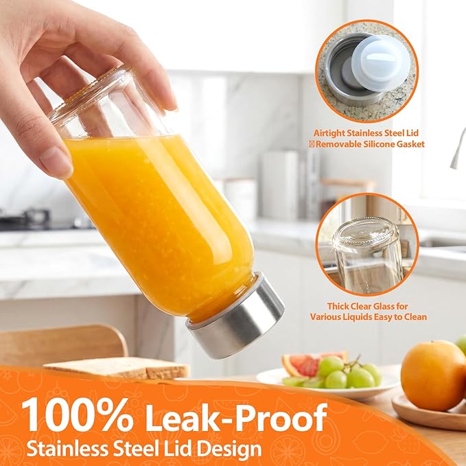 8 oz Glass Water Bottles with Lids, 16 Pack Small Glass Juice Bottles with Stainless Steel Caps & Funnel, Leak-Proof Containers for Juicing, Milk, Ginger Shots, Smoothies, Wellness Drinks