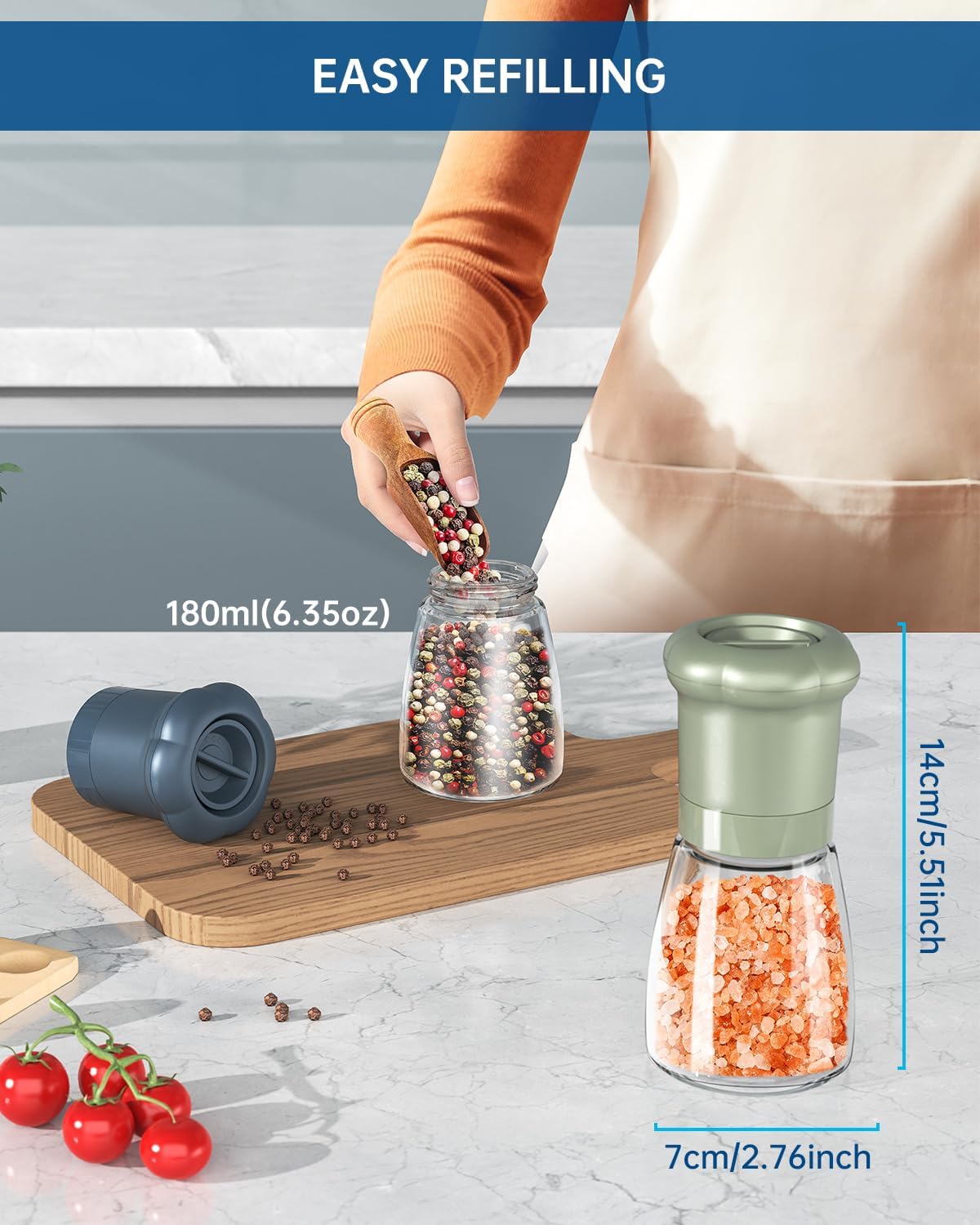 CIRCLE JOY Manual Salt and Pepper Grinder Set For Professional Chef, Refillable Salt and Pepper Shakers with Ceramic Blades, Adjustable Coarseness and BPA-free 180ml Glass Container, Short Green