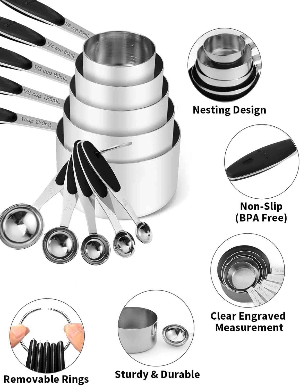 Joyhill Stainless Steel Measuring Cups and Spoons Set of 10 Piece, Nesting Metal Measuring Cups Set with Soft Touch Silicone Handles for Dry and Liquid Ingredients, Cooking & Baking (Black)
