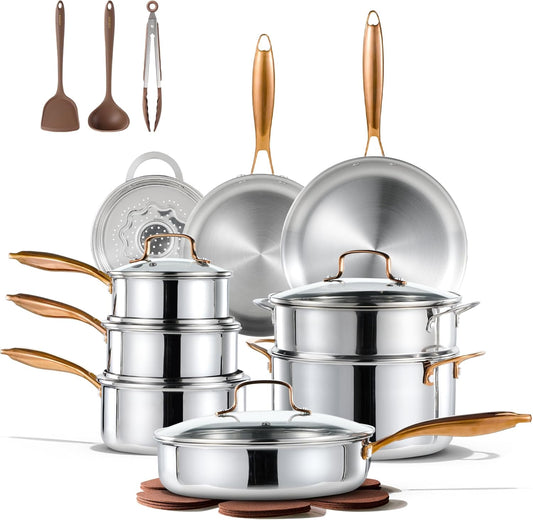 CAROTE 23pcs Tri-Ply Stainless Steel Cookware Set, Pots and Pans Set, Non Stick Induction Kitchen Cooking Sets, Nonstick Cookware Collection, Mirror Polish, Silver