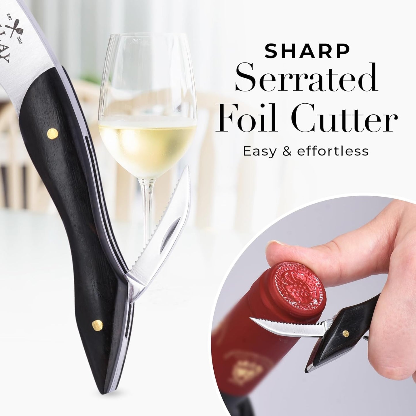 Zulay Kitchen Corkscrew Wine Opener - Premium 420 Stainless Steel & Ebony Wood Wine Bottle Opener - Double Hinged Opener with Foil Cutter & Cap Remover - Ebony Wood