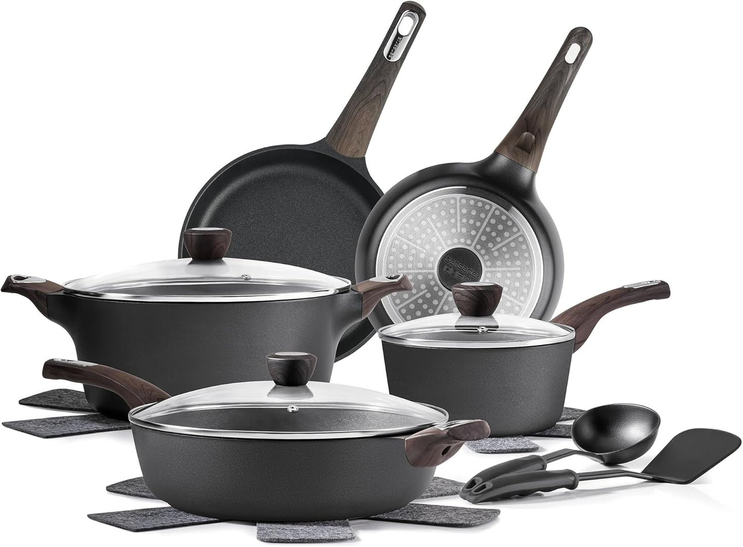 SENSARTE Pots and Pans Set Non stick, Non toxic Healthy Induction Cookware Sets, 14 Pcs Non Stick Kitchen Cooking Set with Frying Pans Set & Saucepan, PFOA PFOS APEO Free, Black
