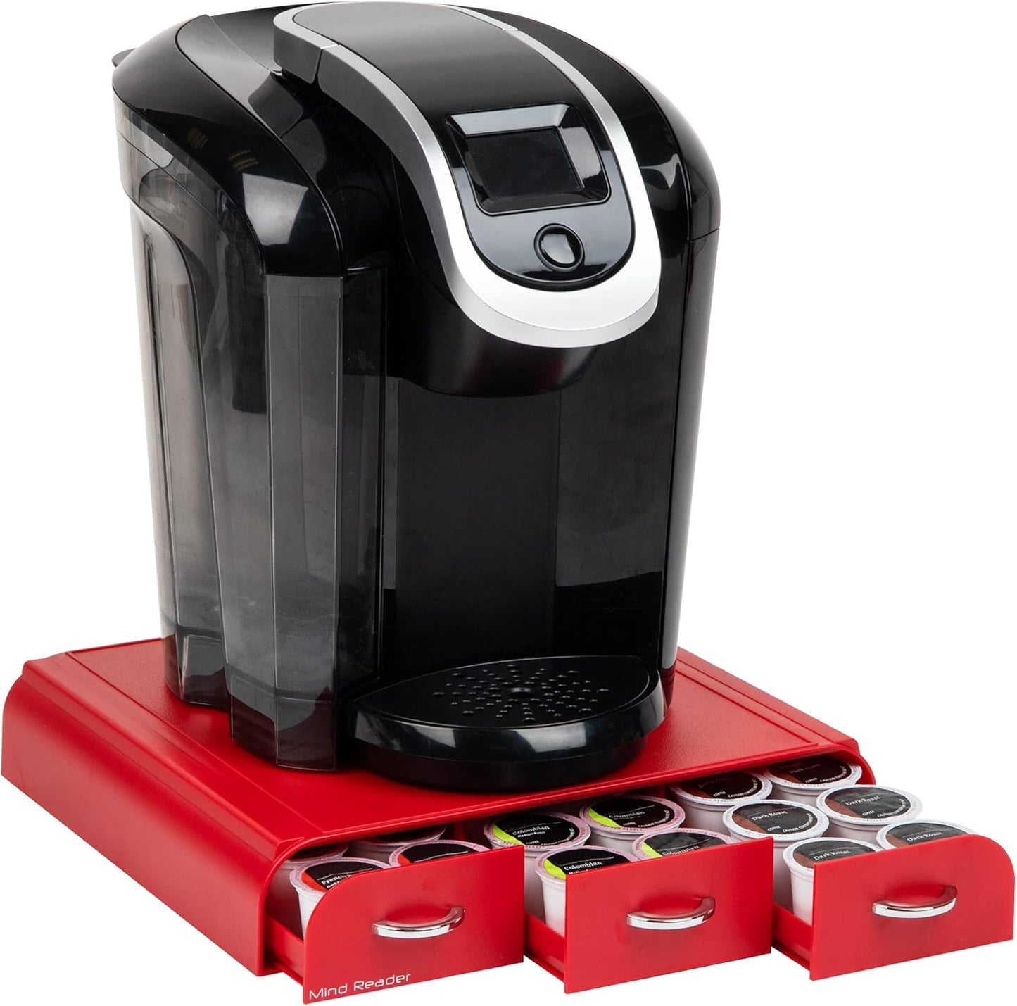 Mind Reader Single Serve Coffee Pod Organizer with 3 Drawers, 36 Pod Capacity, Countertop, 13.5"L x 12.25"W x 2.5"H, Red
