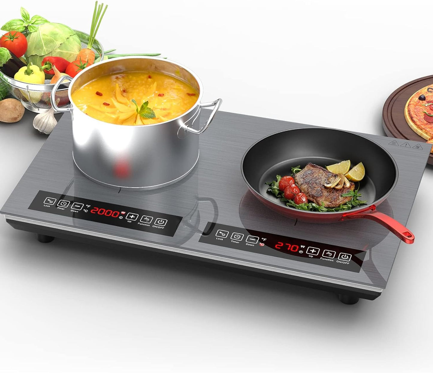Double Induction Cooktop 110v-120v, 2 Burner Electric Cooktop 24 inch 4000W Induction Stove Top, Hot Plate LED Touch Screen, 9 Temperature, Safety Lock