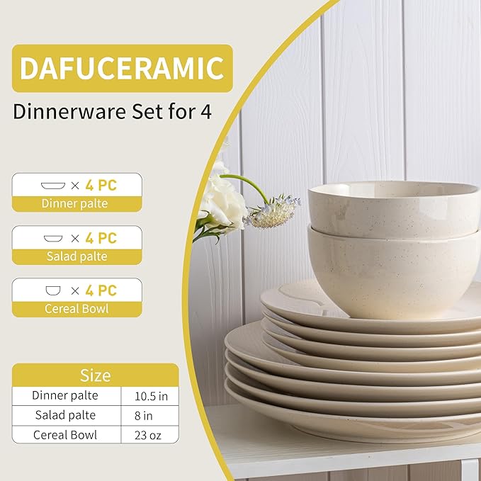 Plates and Bowls Sets, 12 Pieces Modern Stoneware Dinnerware Set for 4 Kitchen Dinner Set Ceramic Dishware Dishes Set Microwave and Dishwasher Safe (White)