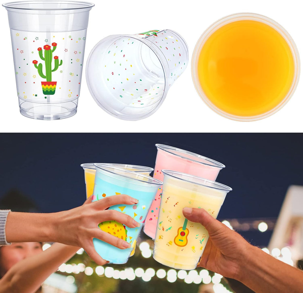 meekoo 50 Pack 12 oz Fiesta Cups Plastic Mexican Cups Clear Disposable Mug Cinco De Mayo Party Decorations for Fiesta Taco Birthday Party Drinkware Supplies, 4 Styles