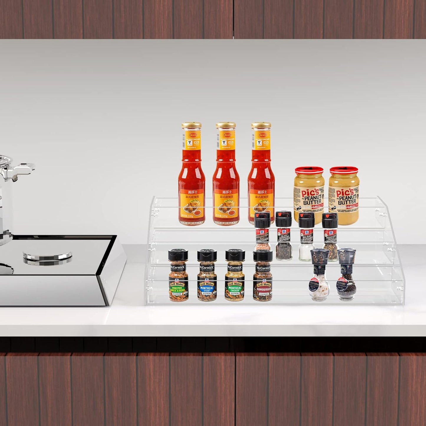 PMMASTO Widen Tiered Spice Rack, Seasoning Organizer, Clear Acrylic Vertical Shelves Can Organizer for Countertop, Cabinet, Pantry, Kitchen Organization and Storage - 3 Tier