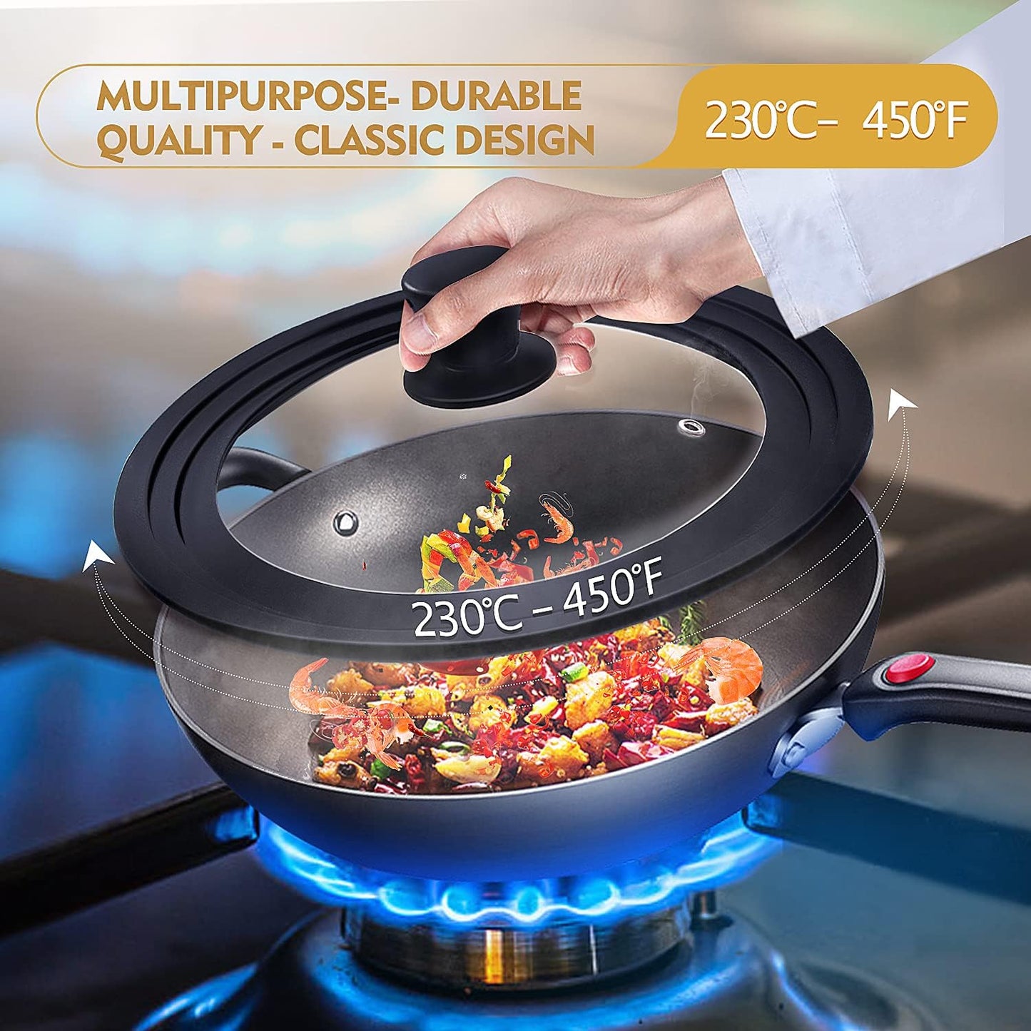 Universal Lid for Pots, Pans and Skillets, Pot Lid With Heat Resistant Silicone Rim and Tempered Glass, Fits 11", 12", 12.5" Diameter Pots and Pans