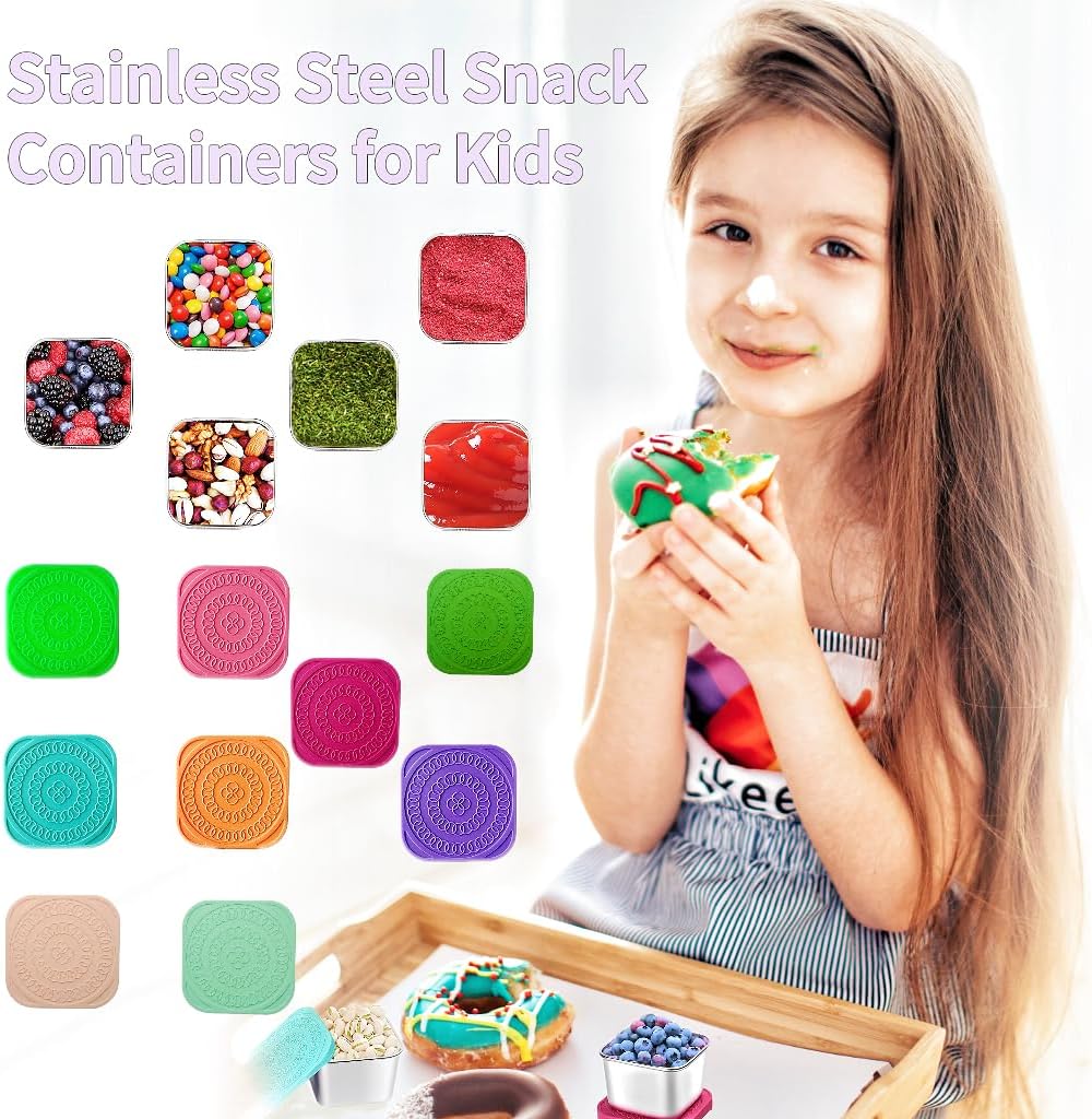 6Pack 6oz Stainless Steel Snack Containers for Kids, Easy Open Leak Proof Metal Toddler Snack Containers with Silicone Lids, Stackable Metal Toddler Lunch Box for School-U.S.Design Patent