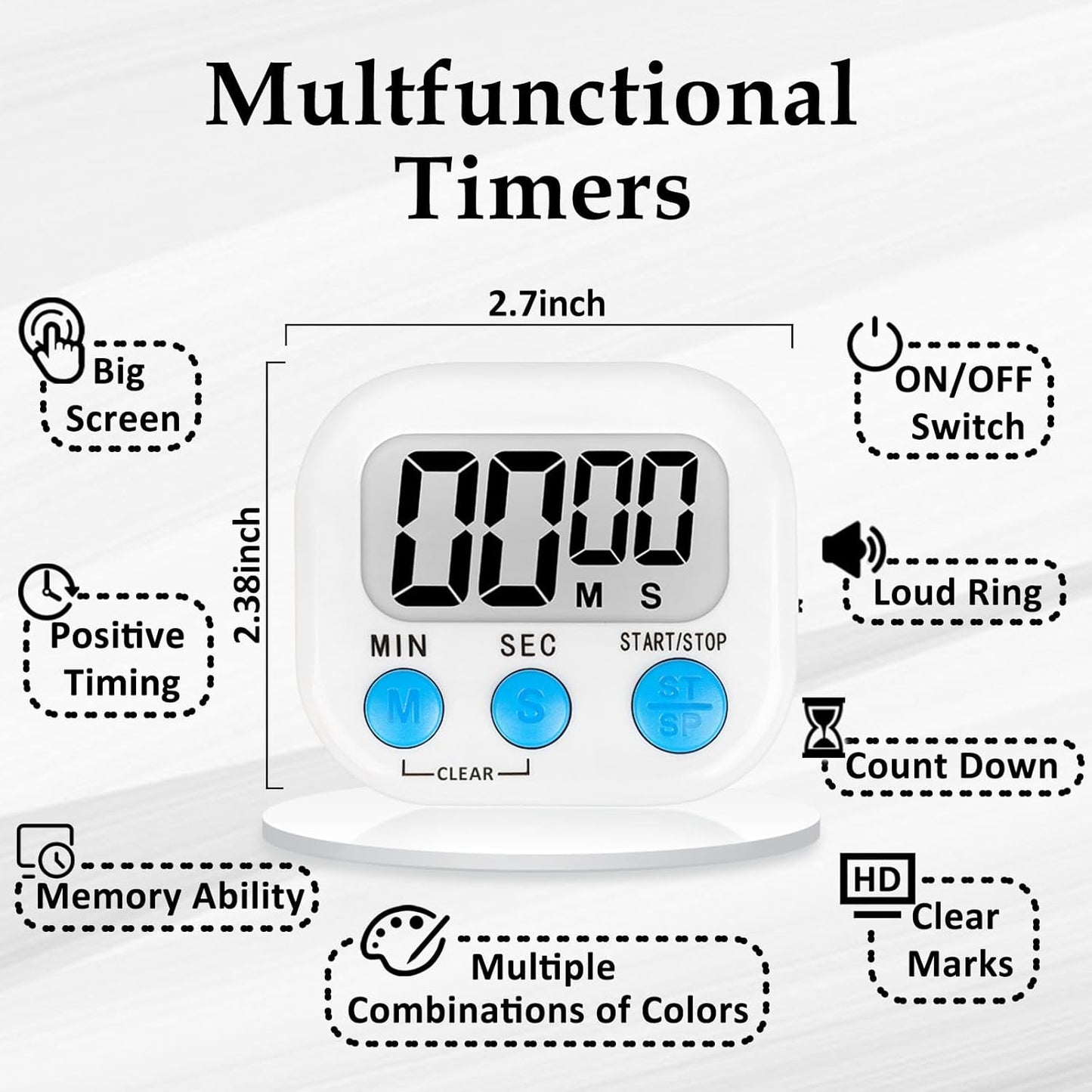 ZILLEEN 12 Pack Kitchen Timers for Cooking Digital Classroom Timers for Kids Teachers White Green Pink
