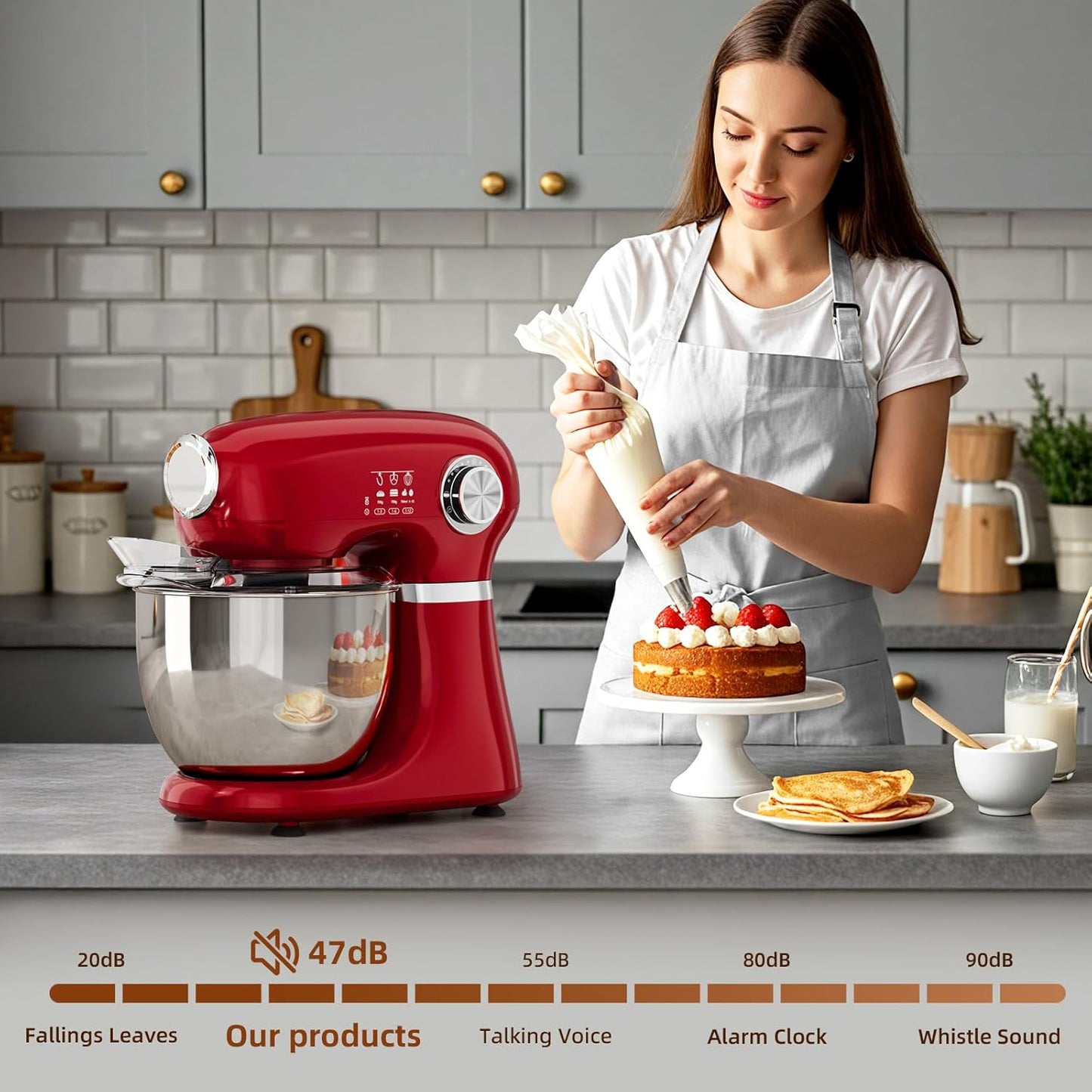 Cowsar Stand Mixer, 12 Speeds Tilt-Head Electric Commercial Stand Mixer, 3-In-1 Kitchen Mixer with Bowl, Dough Hook, Whisk and Beater, Red