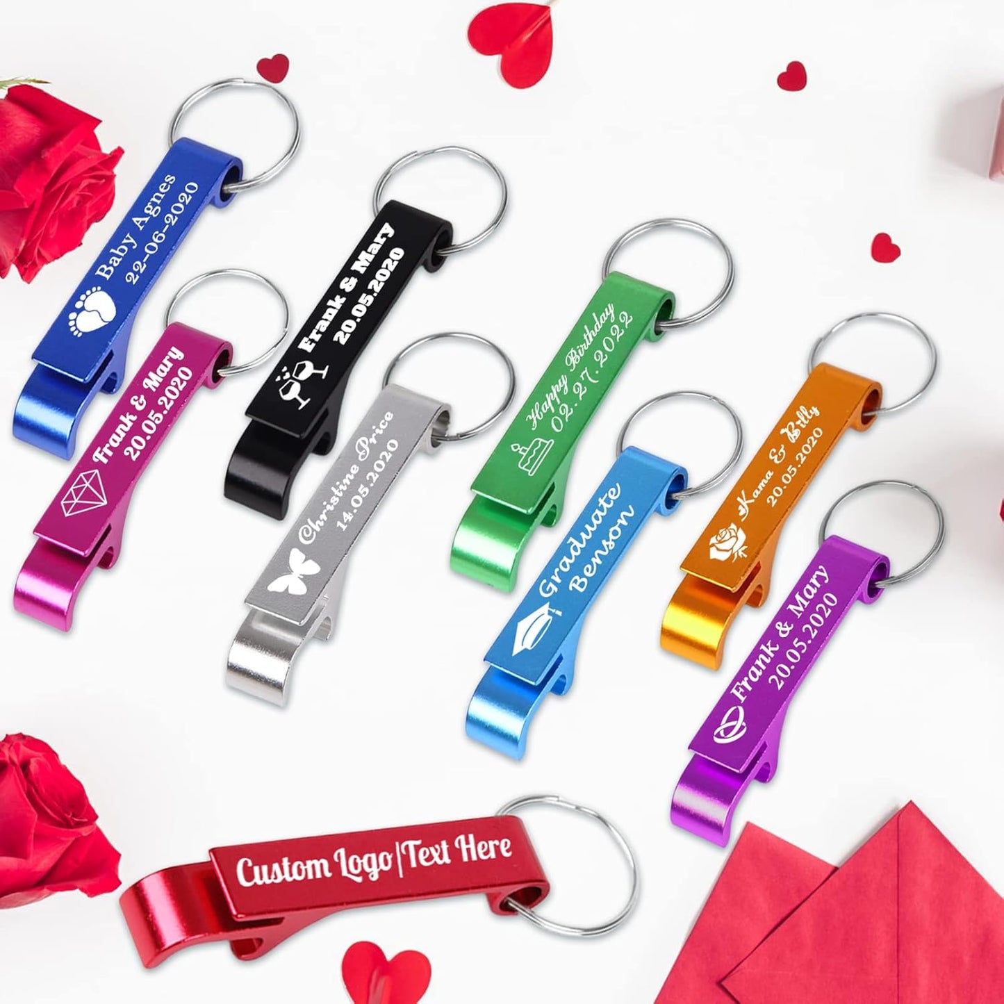 10PCS Personalized Bottle Opener Keychain Bulk Custom Beer Bottle Opener with Logo Text Engraved Wedding Bottle Opener Favors Customized Gifts for Guests Baby Shower Birthday Party-Assorted