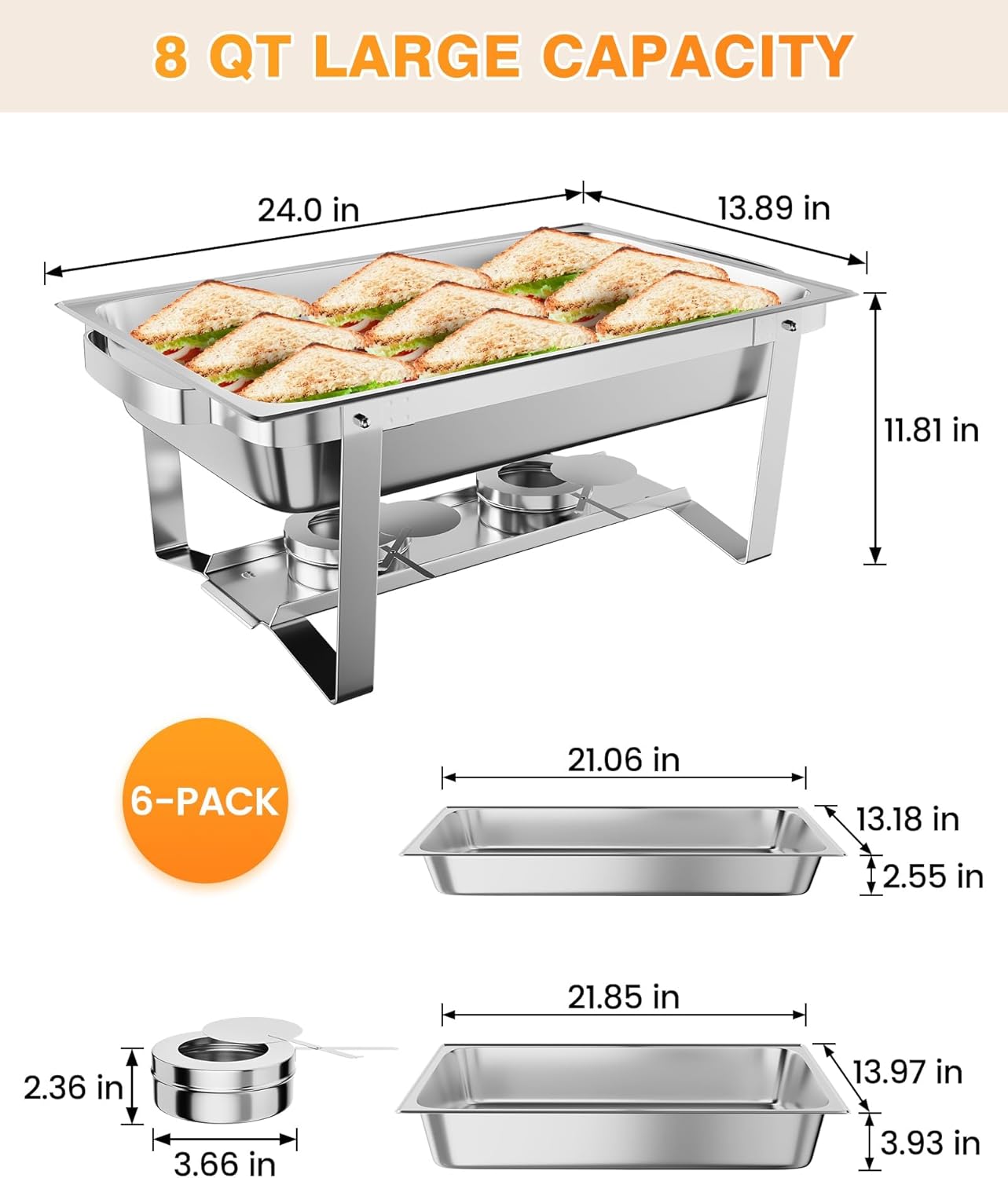GarveeHome Chafing Dish Buffet Set 6 Pack, 8 QT Food Servers and Warmers Stainless Steel Chafer with Water Pan for Weddings, Parties, Banquets, and Catering