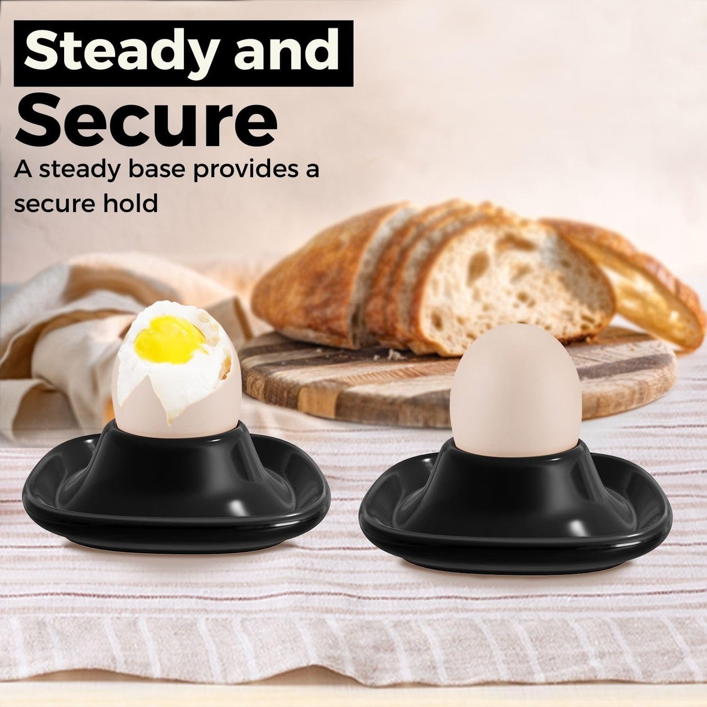 Flexzion Egg Cups for Soft Boiled Eggs - Set of 6 Ceramic Egg Holder - Stackable Egg Coddler Cups with Base for Serving, Breakfast, Brunch - Kitchen Table Decor, Black