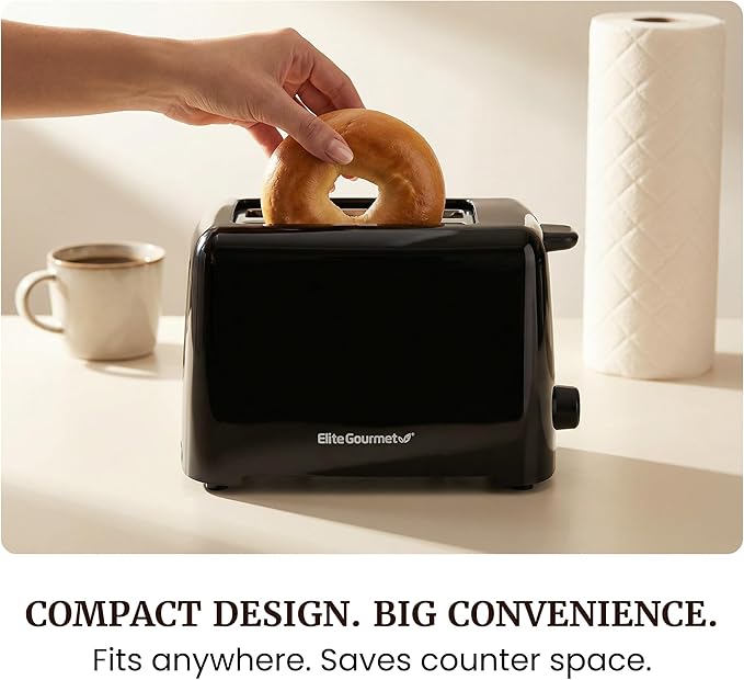 Elite Gourmet 2-Slice Cool Touch Toaster – 6 Browning Levels, Extra Wide 1.25” Slots for Bagels & Thick Bread, Cancel Function, Compact, ETL Certified, Black