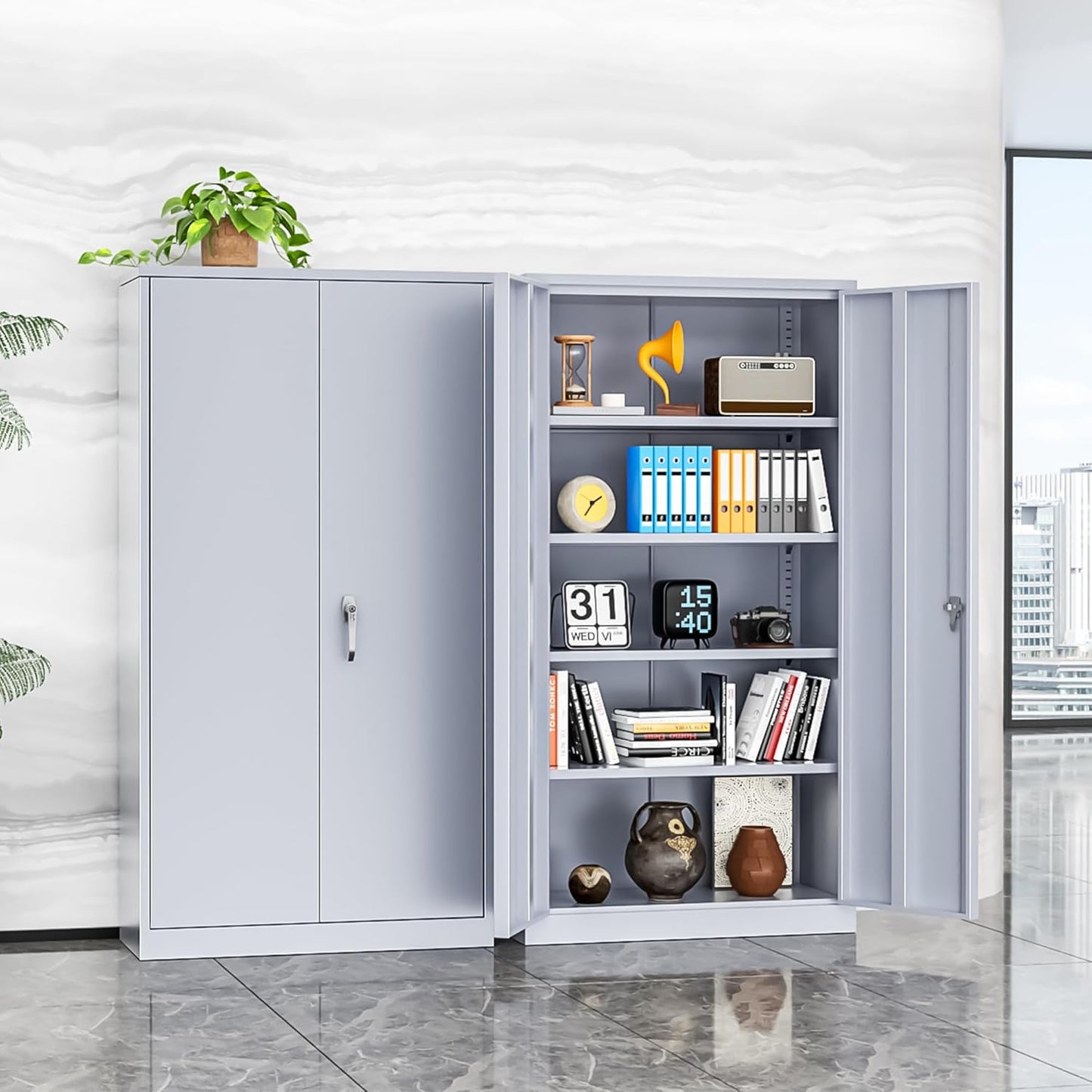 INTERGREAT Metal Storage Cabinets 72” Cement Grey Garage Steel Storage Cabinet with Doors and Shelves, Steel File Cabinet for Home Office, Basement, Warehouse, Classroom（Anti Tipping）