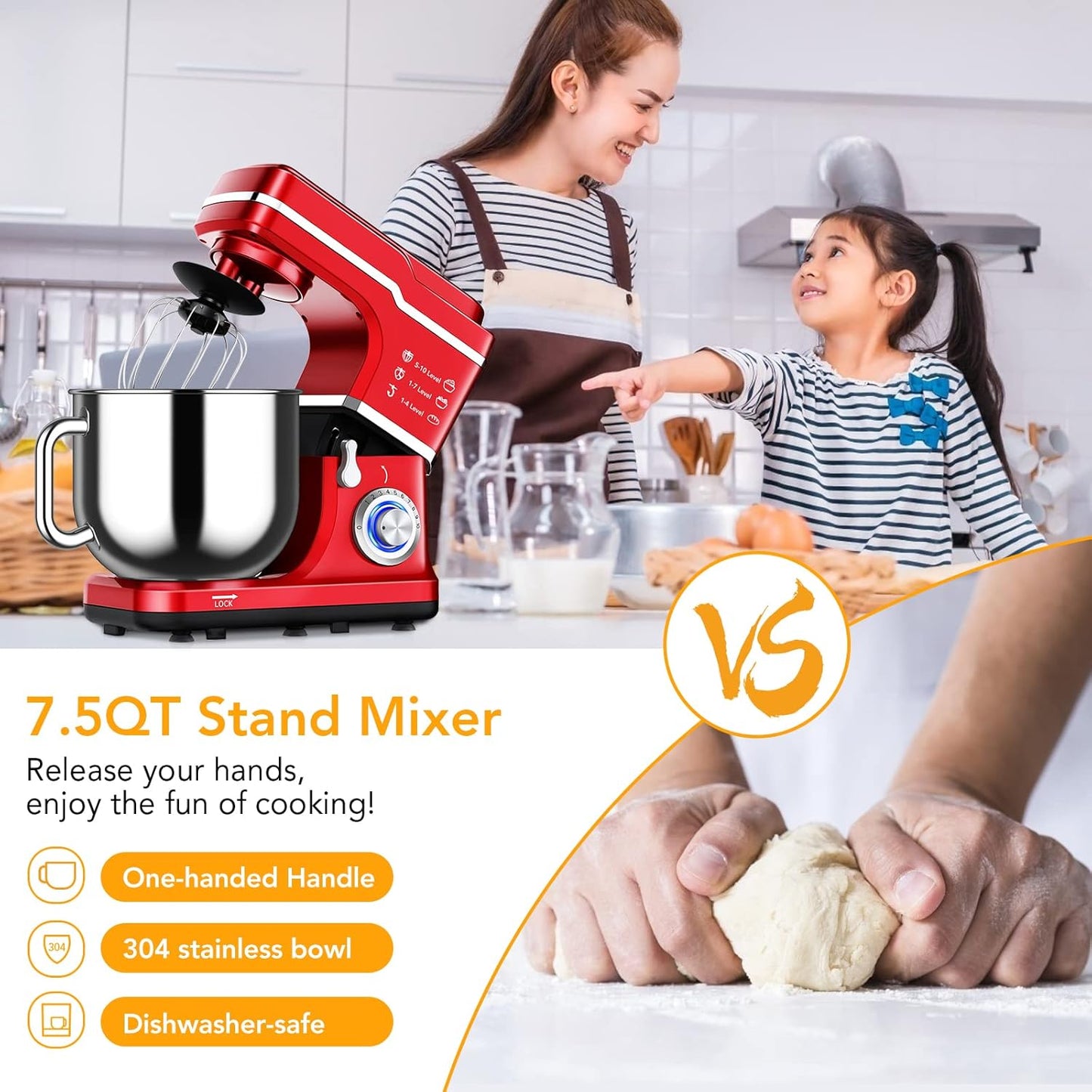 Garvee 7.5QT Stand Food Mixer, 10-Speed Tilt Head 3-IN-1 Kitchen Electric Mixer with Stainless Steel Bowl, Egg Whisk, Dough Hook, Beater, Splash Guard, Compact Dough Mixer for Home Cooks, Red