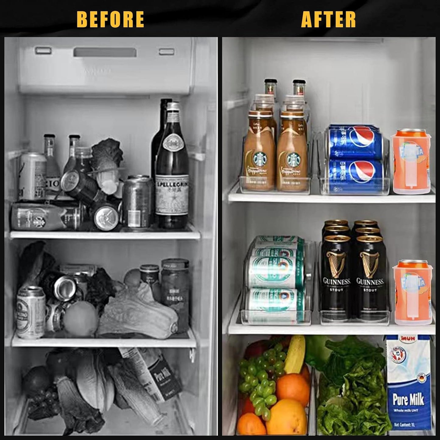 4 Pack Skinny Can Organizer for Refrigerator, Stackable Tall Skinny Soda Pop Can Holder Dispenser with Lid for Fridge Pantry Rack Freezer, Clear Plastic Storage Bins-Holds 12 Slim Cans Each