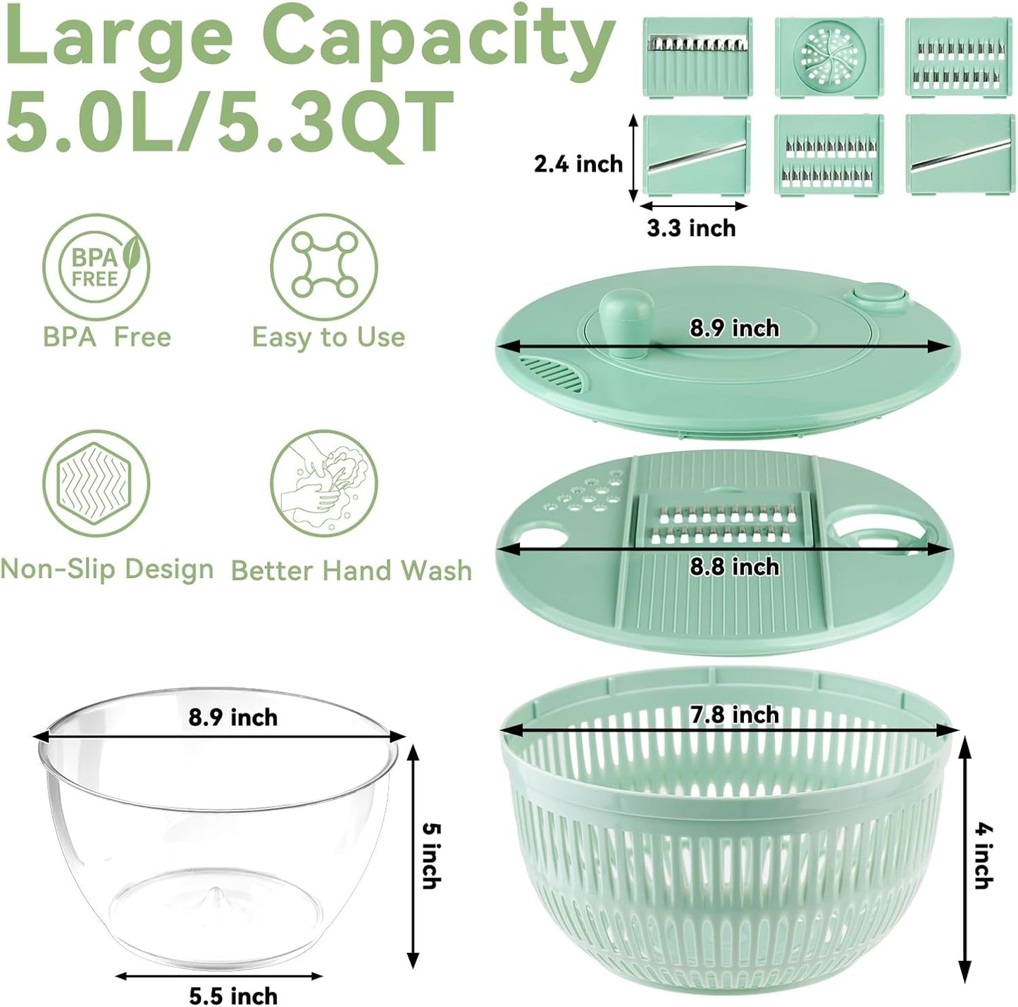 YUANYE Salad Spinner Large, 3 IN 1 Vegetable and Fruit Washing Bowl with Strainer, Lettuce Spinner with 5 Blades Slicer, Egg Yolk Strainer, Salad Bowl for Efficient Salad Preparation, 5.3 Qt